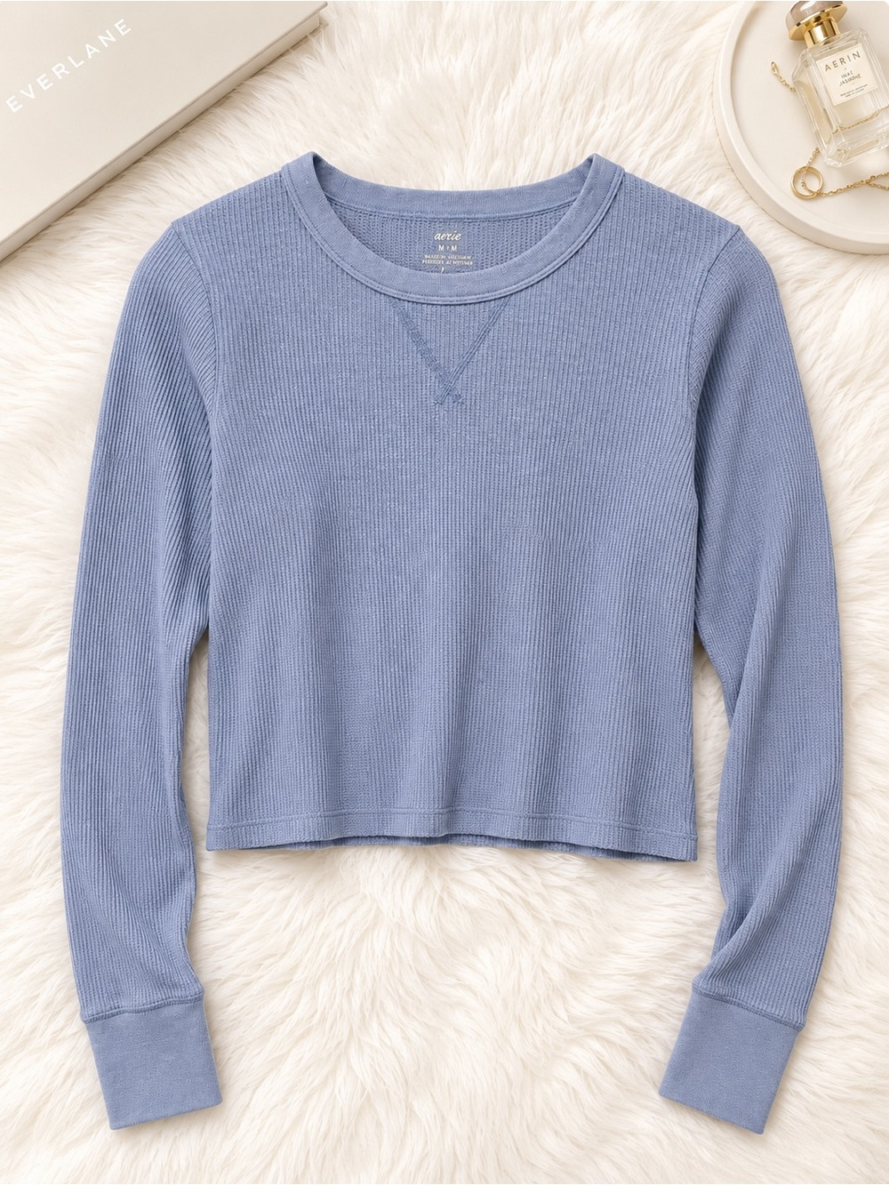 Aerie Ribbed Long Sleeve Cropped Top Gray Blue Size M